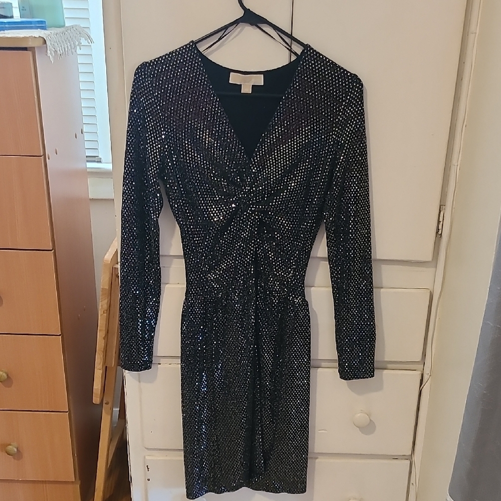 Michael Kors Black and Silver Sequin Long Sleeve Dress
